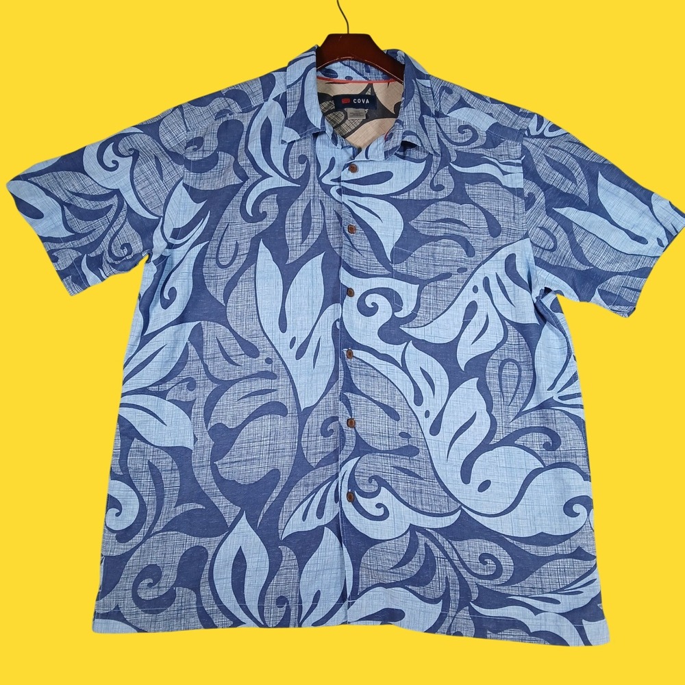 Cova Hawaiian Shirt Mens L Blue Tropical Leaf Vacation Beach